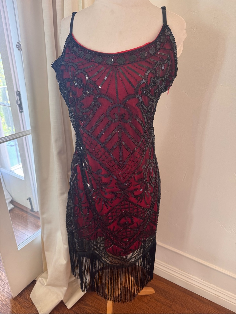 Vintage-Inspired Beaded Fringe Slip Dress Flapper in Red and Black